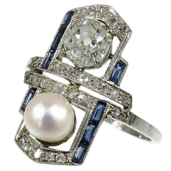 Art Deco pearl diamond engagement ring sapphire